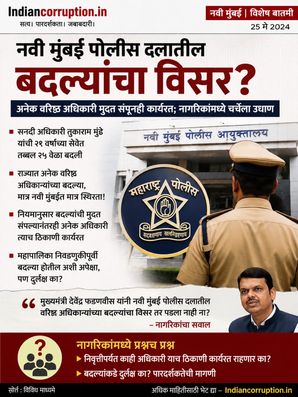 नवी मुंबई पोलीस दलातील बदल्यांचा विसर? वरिष्ठ अधिकाऱ्यांच्या कार्यकाळावर प्रश्नचिन्ह